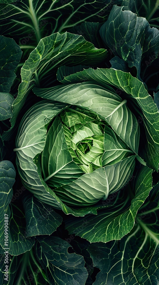 Obraz premium Close-Up of a Fresh Green Cabbage with Intricate Leaf Patterns