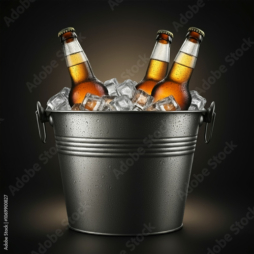 Metal bucket filled with ice and beer bottles isolated on a white background. photo