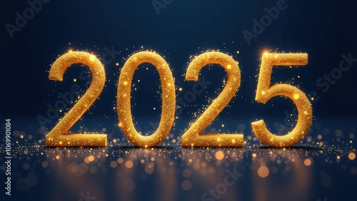 Dust particles elegantly form the numbers "2025" with "Happy New Year" text, glowing in gold on a dark blue background