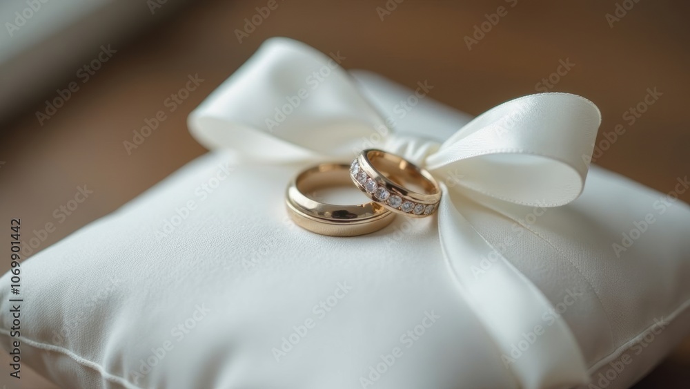 Two wedding rings resting on a white cushion adorned with a delicate ribbon bow Two wedding rings resting on a white cushion adorned with a delicate ribbon bow