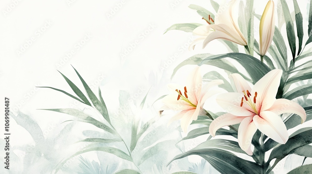 Watercolor depiction of blossoming lilies and palm leaves in a lush jungle plant setting against a white background, with ample space for creative design elements.