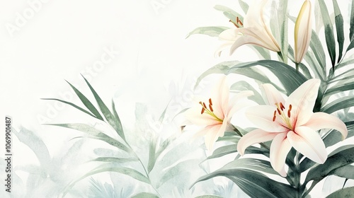 Obraz na płótnie Watercolor depiction of blossoming lilies and palm leaves in a lush jungle plant setting against a white background, with ample space for creative design elements. w salonie