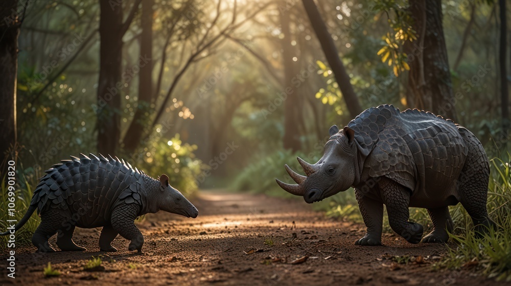 Fototapeta premium two pangolins, interacting in a lush, sunlit forest. The pangolins, with their distinctive scaly armor and elongated snouts, are captured in a moment of tenderness and connection.