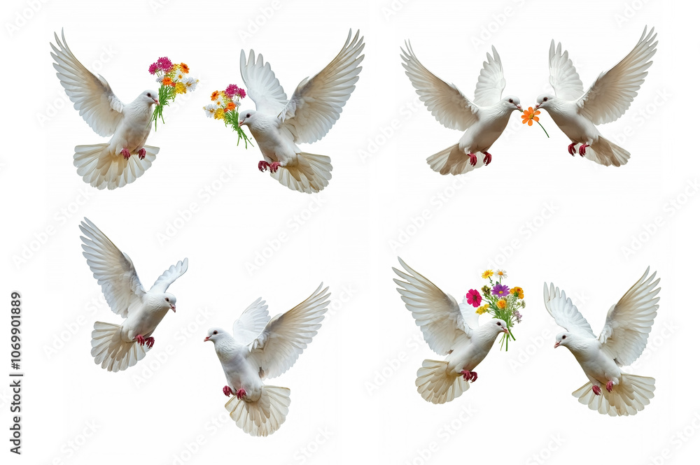 White doves holding flowers in flight, isolated against a clean white background. White doves holding flowers in flight, isolated against a clean white background.