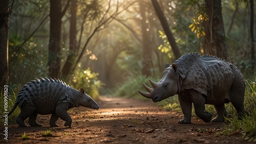 two pangolins, interacting in a lush, sunlit forest. The pangolins, with their distinctive scaly armor and elongated snouts, are captured in a moment of tenderness and connection.
