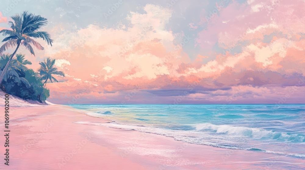 Panoramic tropical seashore view with a soft pink water background. The serene beach seascape invites calmness, offering ample space for copy against the mesmerizing sky. Panoramic tropical seashore view with a soft pink water background. The serene beach seascape invites calmness, offering ample space for copy against the mesmerizing sky.