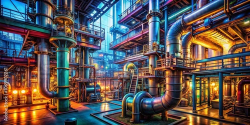 Surreal Exploration of Pipelines and Pumps Inside a Refinery, Blending Industrial Elements with Dreamlike Landscapes and Vivid Colors for Unique Visual Impact