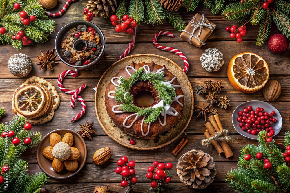 Aerial View of Festive Rustic Table with Christmas Pastries, Featuring Gingerbread Cake and Ring Cake with Chocolate Glaze, Perfect for Holiday Celebrations Aerial View of Festive Rustic Table with Christmas Pastries, Featuring Gingerbread Cake and Ring Cake with Chocolate Glaze, Perfect for Holiday Celebrations