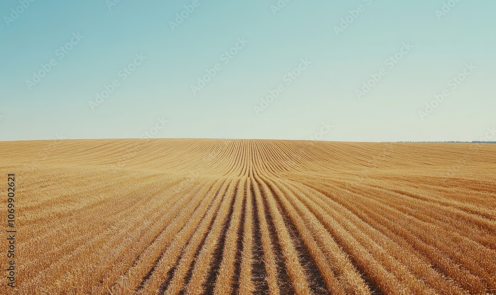 Fototapeta premium Golden wheat field with rows of crops extending towards the horizon under a clear blue sky.