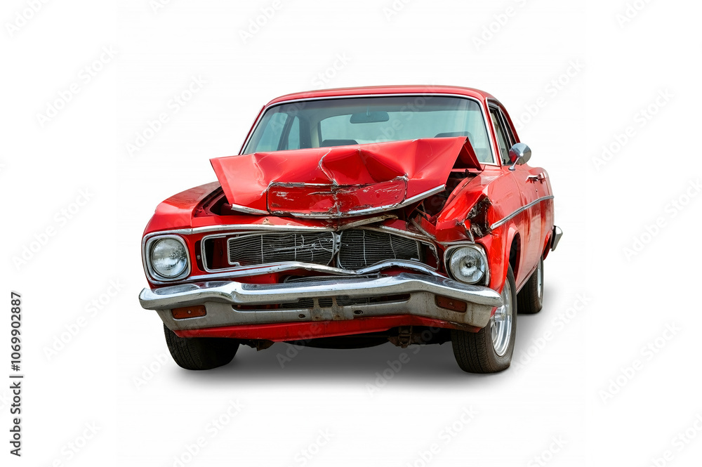 Red wrecked car with frontal damage isolated on a white background. Red wrecked car with frontal damage isolated on a white background.