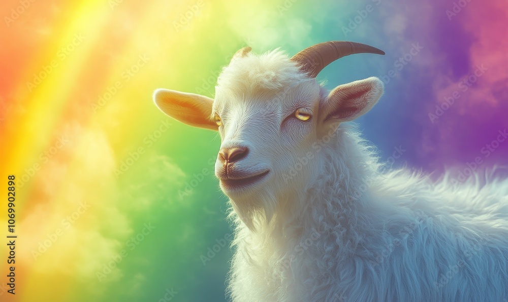 Obraz premium White goat with golden eyes against colorful clouds.