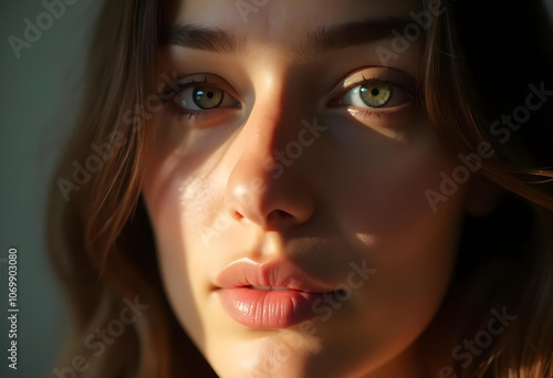 Wallpaper Mural close up portrait of woman with striking green eyes and soft lips, illuminated by natural light, creating serene and captivating atmosphere Torontodigital.ca