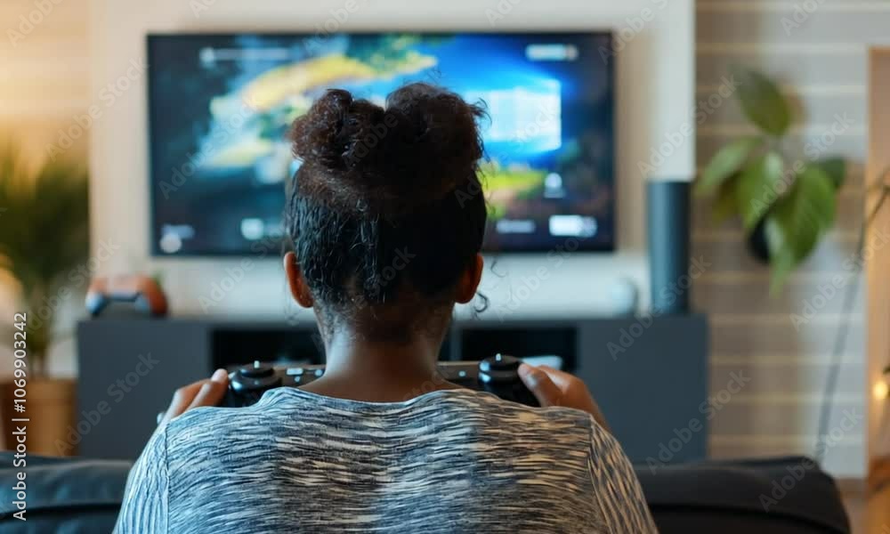 A young woman playing video games on a couch. A young woman playing video games on a couch.