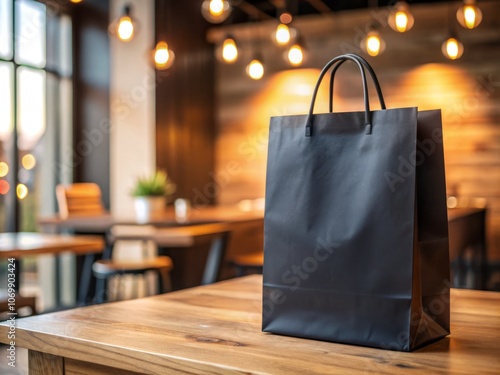 Wallpaper Mural Black Paper Delivery Bag on Table with Copy Space for Food Delivery Services, Takeout Orders, or Shopping Use - Ideal for Marketing and Advertising Purposes Torontodigital.ca