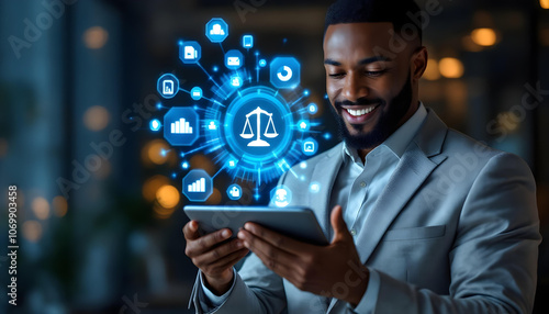 man in suit smiles while using tablet, surrounded by digital icons representing law and technology. scene conveys modern legal environment