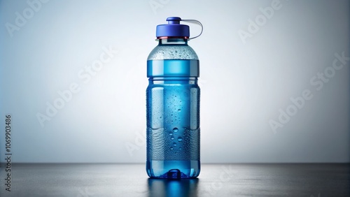 Blue Water Bottle with Unique Cap Design on a White Background, Perfect for Hydration Concepts and Copy Space, Ideal for Product Advertising and Marketing Campaigns