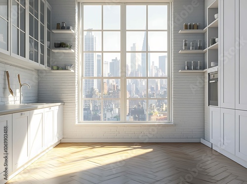 White kitchen interior with a panoramic window. photo