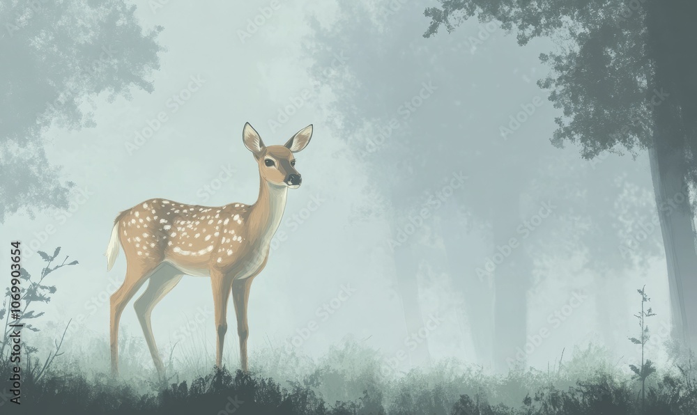 Spotted fawn standing in misty forest. Spotted fawn standing in misty forest.