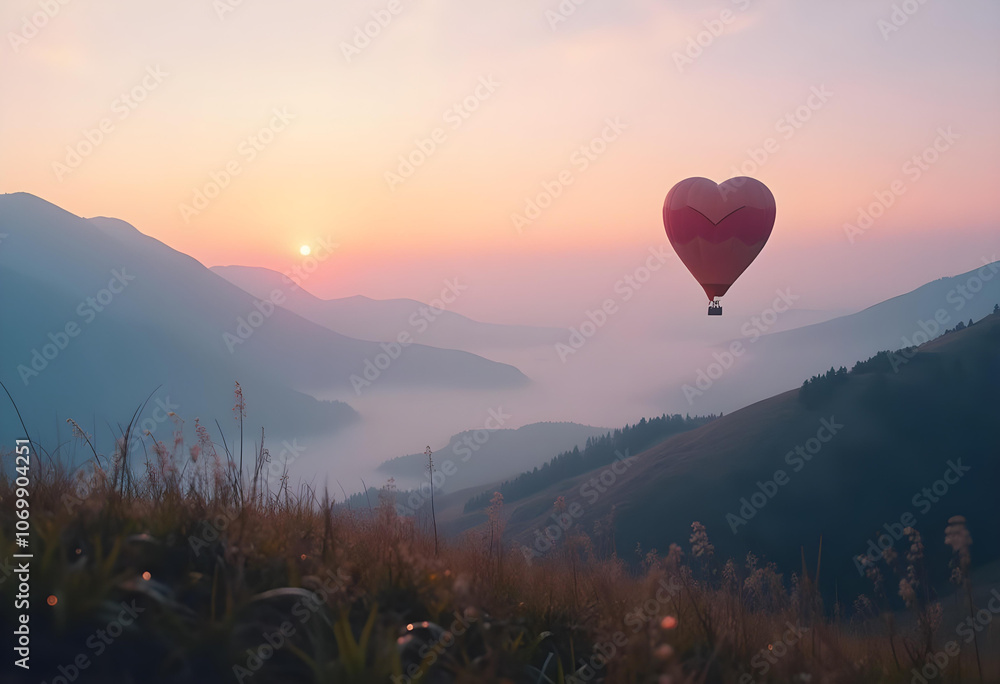 Fototapeta premium heart shaped hot air balloon floats above misty mountains at sunrise, creating romantic and serene atmosphere. soft colors of dawn enhance tranquil scene