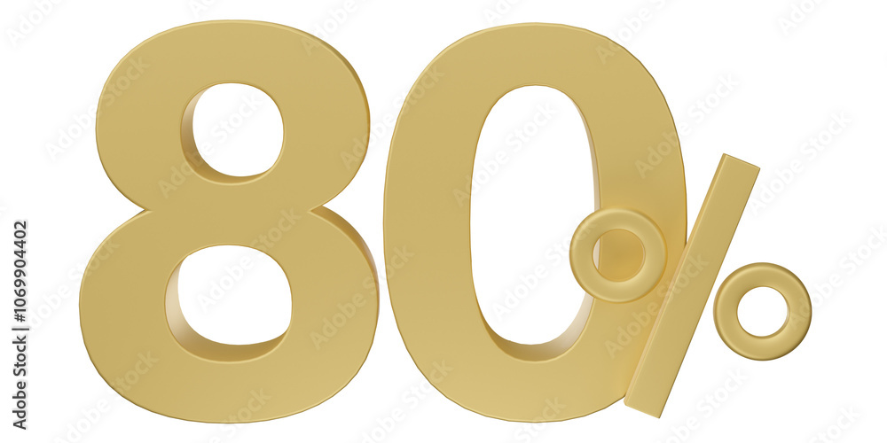80% off on sale. Gold percent isolated on transparent background. Discount on sale for advertising. 3d rendering. 80% off on sale. Gold percent isolated on transparent background. Discount on sale for advertising. 3d rendering.
