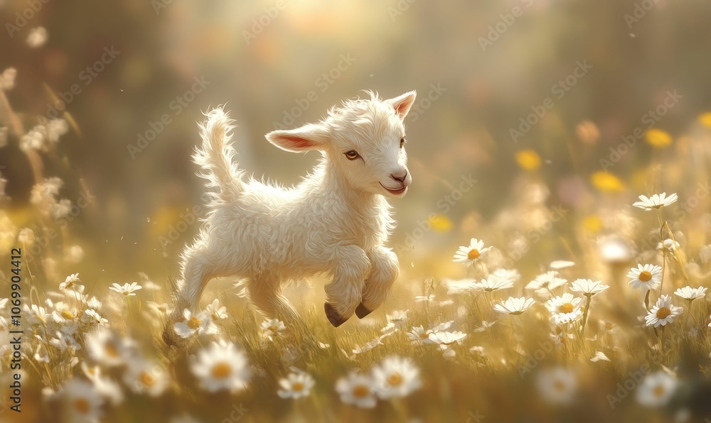 A fluffy white lamb leaps through a field of daisies. A fluffy white lamb leaps through a field of daisies.