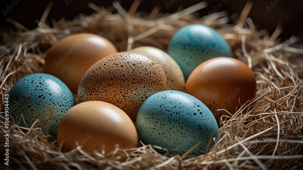 a collection of beautifully speckled eggs nestled in a bed of hay. The eggs, with their varying shades of brown and white, create a visually appealing and natural scene. a collection of beautifully speckled eggs nestled in a bed of hay. The eggs, with their varying shades of brown and white, create a visually appealing and natural scene.