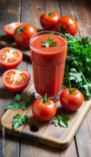 Diet tomato juice with parsley on a wooden background. Vegan vegetable smoothie