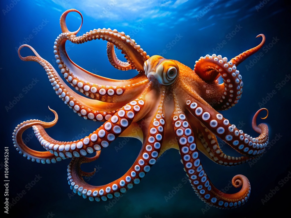 Captivating Orange and White Octopus Floating Gracefully in a Dark Blue Ocean Background, Showcasing Its Eight Tentacles and Unique Sucker Patterns Captivating Orange and White Octopus Floating Gracefully in a Dark Blue Ocean Background, Showcasing Its Eight Tentacles and Unique Sucker Patterns