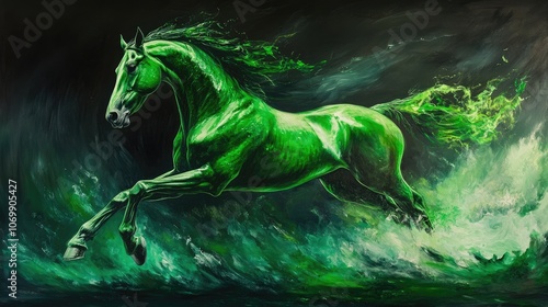 Dynamic green horse illustrating power and energy with an impressive kick, epitomizing strength and vigor. Embrace the exhilarating essence of this powerful green horse in this captivating image. photo