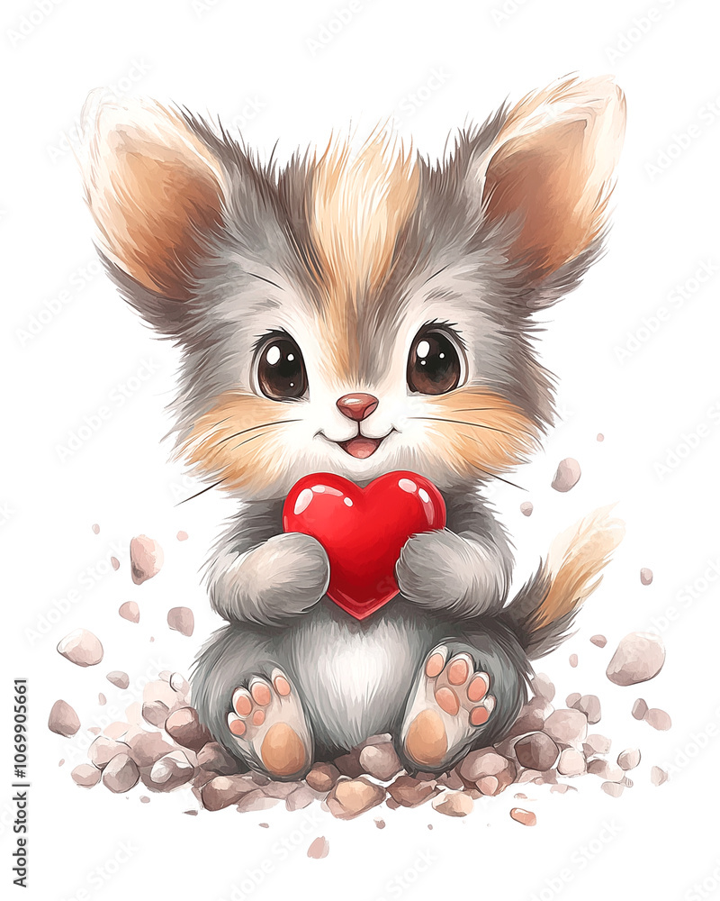 A cute little cat holding a red heart in its mouth. Concept of warmth and affection, as the cat is holding a symbol of love A cute little cat holding a red heart in its mouth. Concept of warmth and affection, as the cat is holding a symbol of love