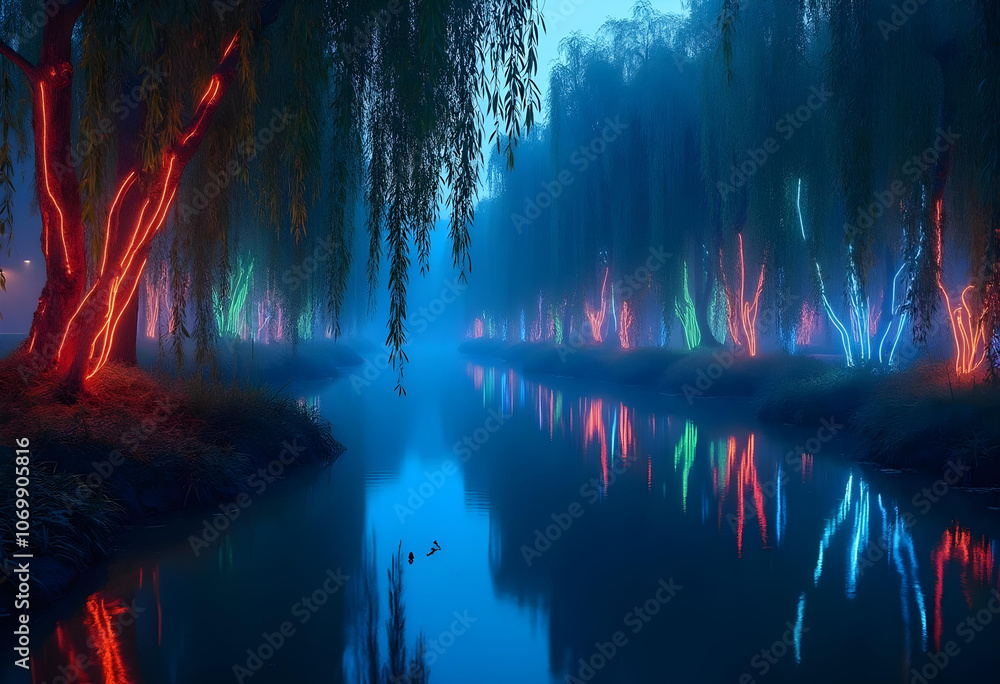 Fototapeta premium serene night scene featuring illuminated willow trees along misty river. colorful lights reflect beautifully on water, creating magical atmosphere