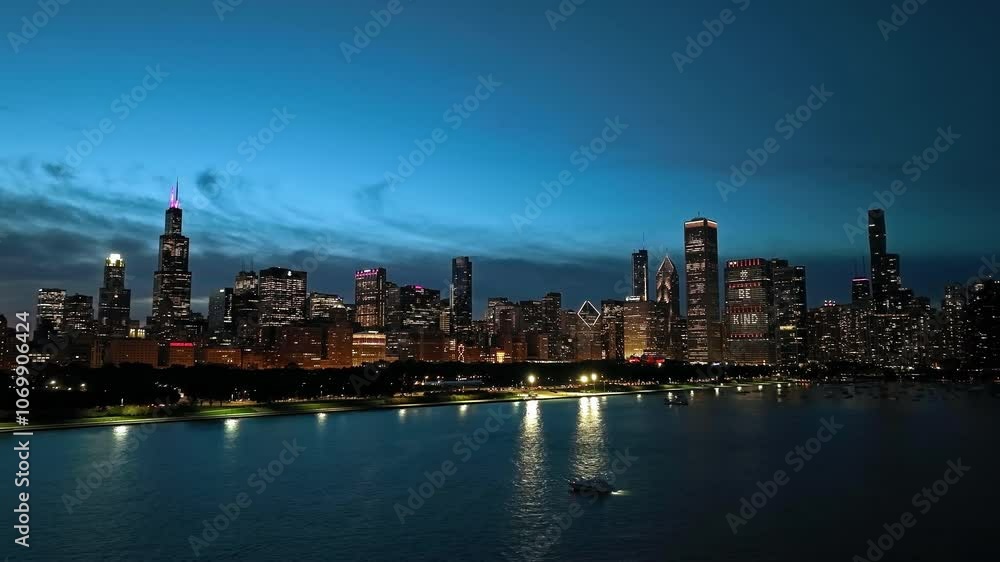 AERIAL: Boat on Lake Michigan, in front of the illuminated Chicago city, twilight AERIAL: Boat on Lake Michigan, in front of the illuminated Chicago city, twilight