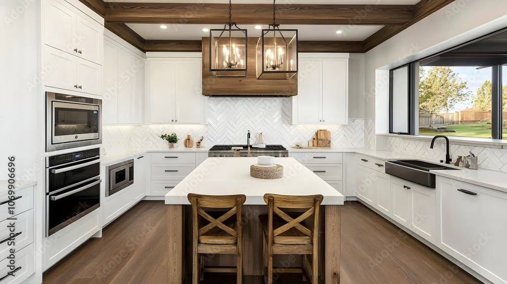 Modern kitchen with white cabinets, a large island with two stools, hardwood floors, and a farmhouse sink. Modern kitchen with white cabinets, a large island with two stools, hardwood floors, and a farmhouse sink.