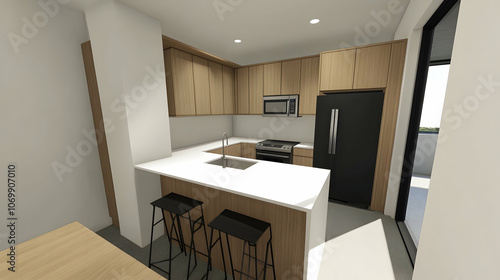 Modern kitchen with white quartz countertops, stainless steel appliances, and a breakfast bar with two stools. It has wooden cabinets, a black refrigerator and a sliding door to the patio.