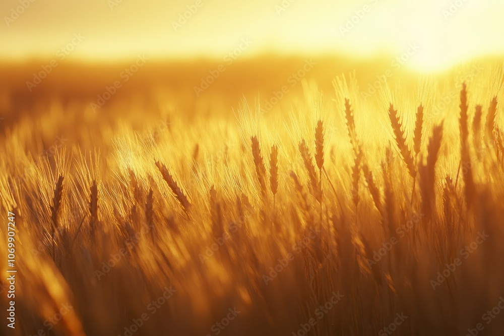 Fototapeta premium Wheat field at sunrise with golden sunlight illuminating the crops.