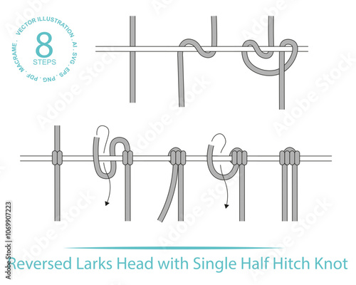 Basic Macrame Knot Reversed Larks Head with Single Half Hitch Knot How To Step By Step editable stroke outline vector instruction	