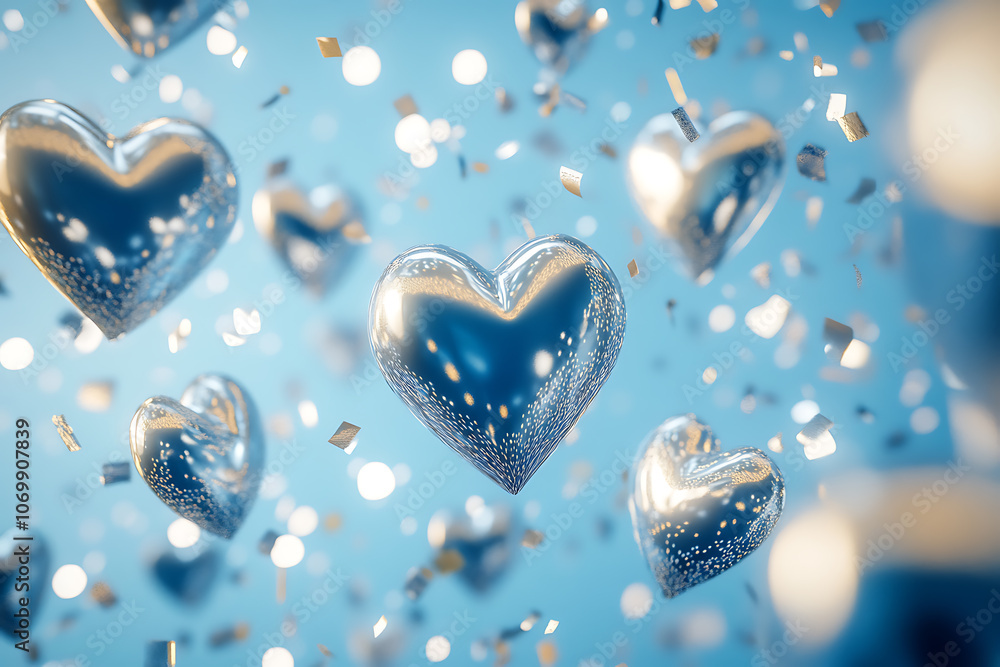 Fototapeta premium A vivid display of silver hearts floating in a blue atmosphere filled with shimmering confetti during a festive celebration