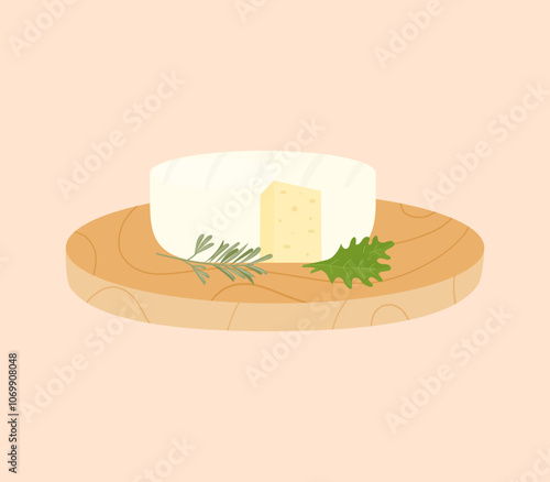 Round Cheese Brie with rosemary. Pieces of soft French cheese Camembert on plate. Vector illustration.