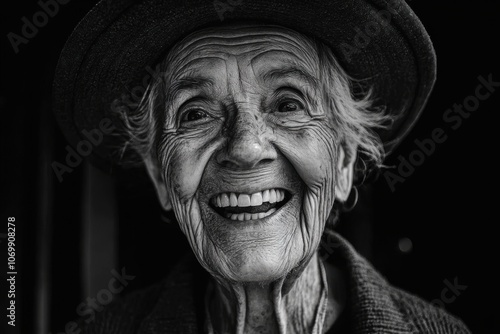 Joyful portrait of elderly man smiling in black and white photography