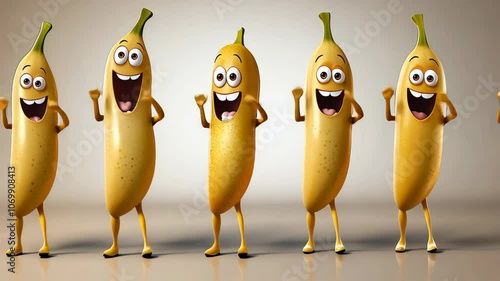 Five happy bananas are dancing in a line against a light gray background