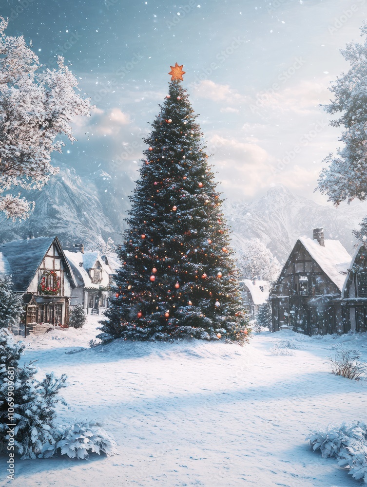 Naklejka premium Christmas tree in a fantasy christmas village landscape, snowy xmas town vibe background wallpaper