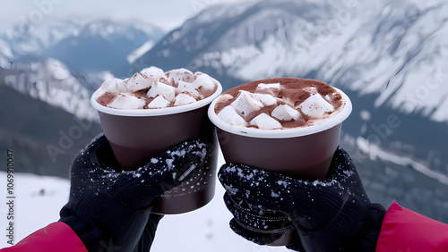 Close Up and Focusing On A cup of hot chocolate held in two hands wearing gloves with a blurry snow background