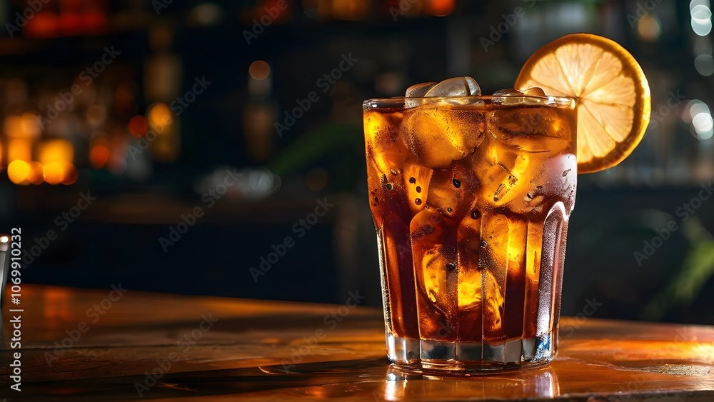 Beautifully Served Long Island Iced Tea Cocktail with Ice in Cozy Bar: Inviting and Refreshing Beverage Display Beautifully Served Long Island Iced Tea Cocktail with Ice in Cozy Bar: Inviting and Refreshing Beverage Display