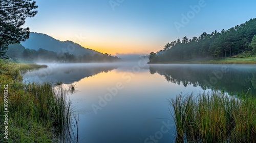 A serene lake enveloped in early morning fog