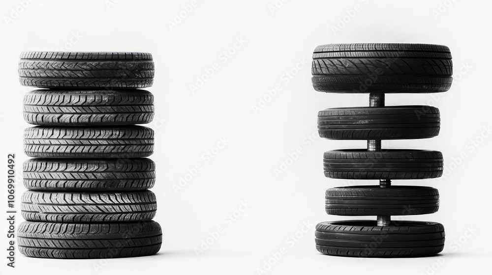 Stacks of New Tires in a Display for Automotive Services and Sales Generative AI Stacks of New Tires in a Display for Automotive Services and Sales Generative AI