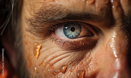 Mans Face Close Up With Teary Eye photo