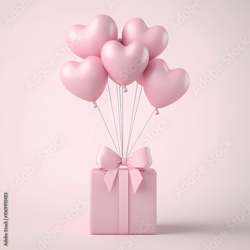 Pink love balloons tied to gift box