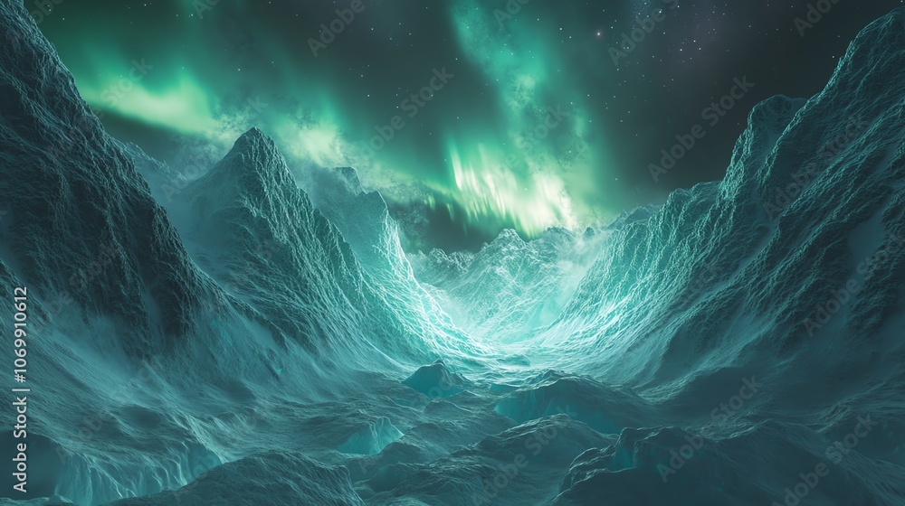 An ethereal Arctic landscape with glaciers and icebergs glowing under the Northern Lights An ethereal Arctic landscape with glaciers and icebergs glowing under the Northern Lights
