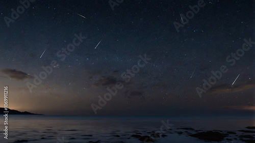 Meteor Shower Over Tranquil Ocean at Night