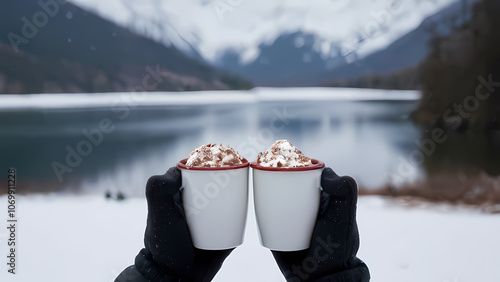 Close Up and Focusing On A cup of hot chocolate held in two hands wearing gloves with a blurry snow background